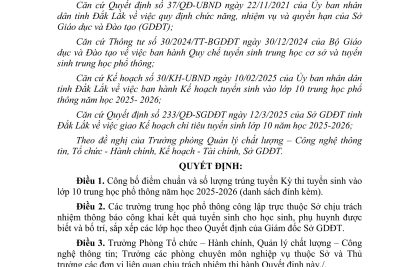 QUYẾT ĐỊNH CÔNG BỐ ĐIỂM CHUẨN TUYỂN SINH VÀO LỚP 10 THPT NĂM HỌC: 2025 – 2026