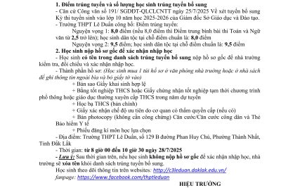 THÔNG BÁO VỀ NỘP HỒ SƠ TUYỂN SINH BỔ SUNG VÀO LỚP 10 NĂM HỌC 2025 – 2026