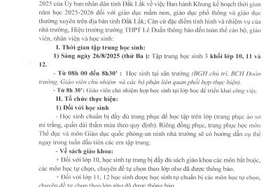 THÔNG BÁO TẬP TRUNG HỌC SINH NĂM HỌC 2025 – 2026